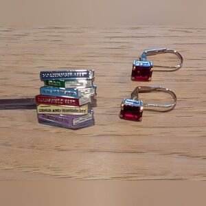 Book Stack Brooch and Red Gem Earrings